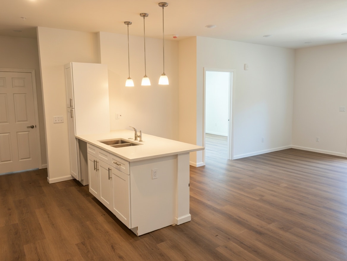 A kitchen with white cabinets and a white island with a sink.